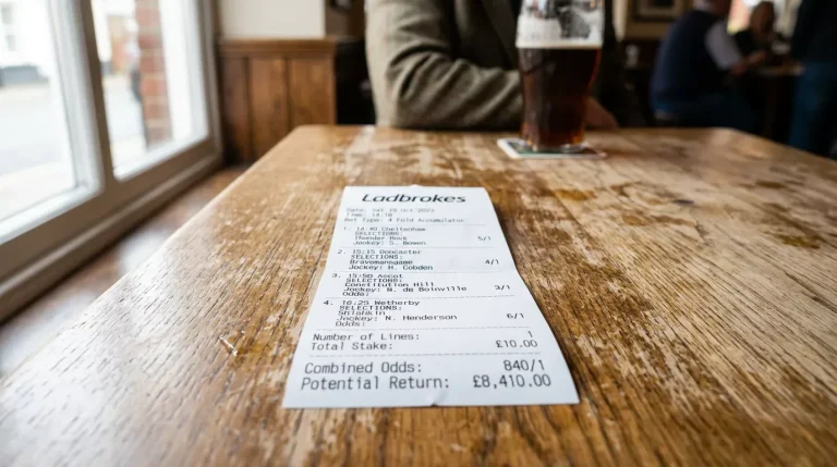 Accumulator betting slip with four horse racing selections and combined odds displayed