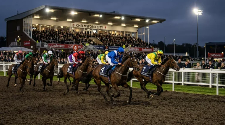 All-weather horse racing surface close-up at a UK track under floodlights during evening racing