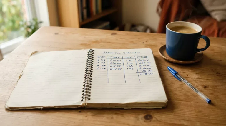 A notebook and calculator showing a horse racing bankroll staking plan with unit sizes