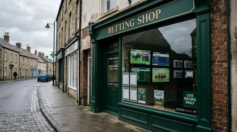 A high-street betting shop in the UK with racing screens and a counter clerk
