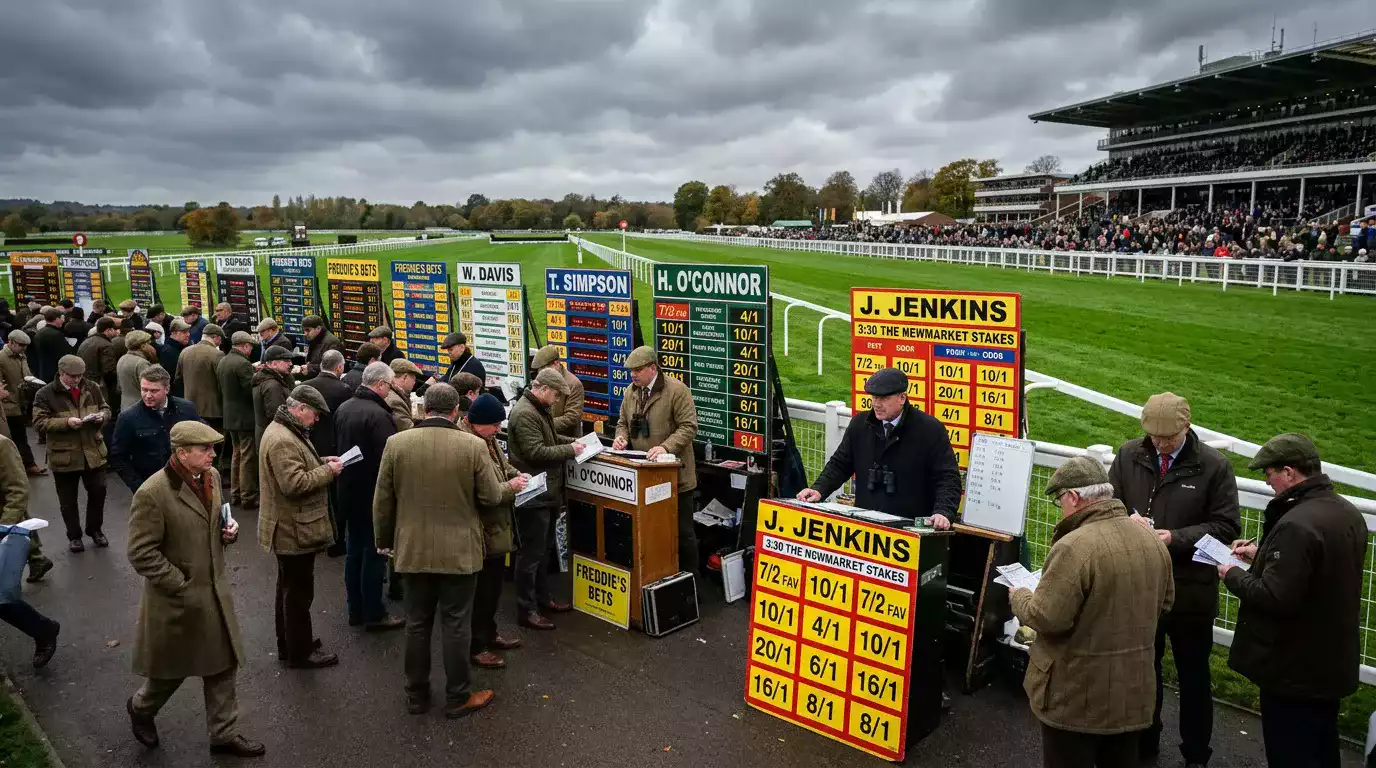 On-course bookmaker adjusting chalked odds on a betting board at a British racecourse
