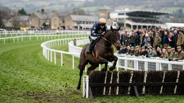 Split image showing a flat sprint on fast ground alongside a jumps race over fences in winter conditions
