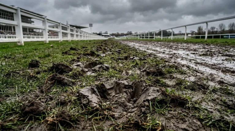 Side-by-side comparison of firm summer turf and heavy winter ground at a UK racecourse