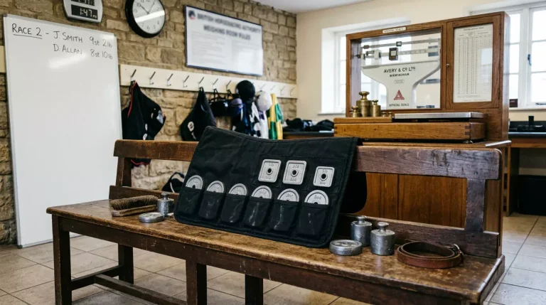 Weighing room scene with saddle cloths showing different weight allocations for a UK handicap race