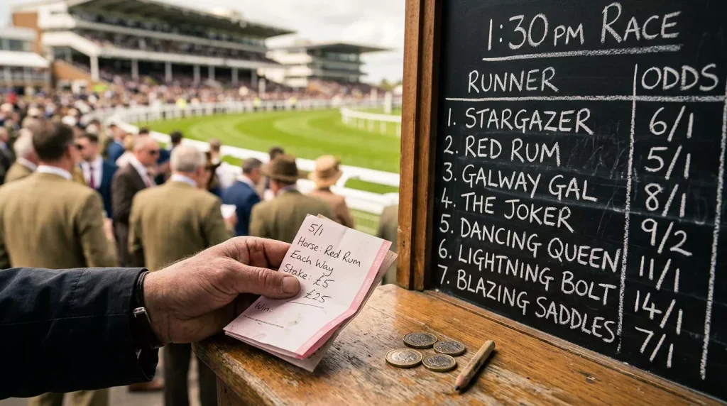 A punter holding a folded betting slip beside a UK racecourse bookmaker board showing multiple odds