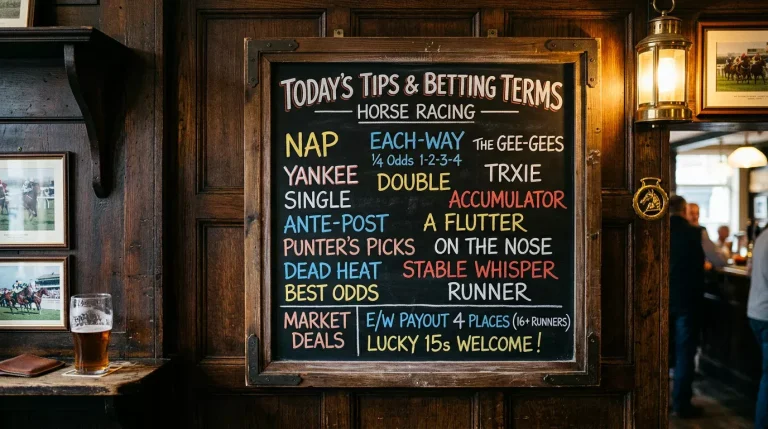 A punter at a UK racecourse studying a racecard surrounded by betting jargon and slang terms