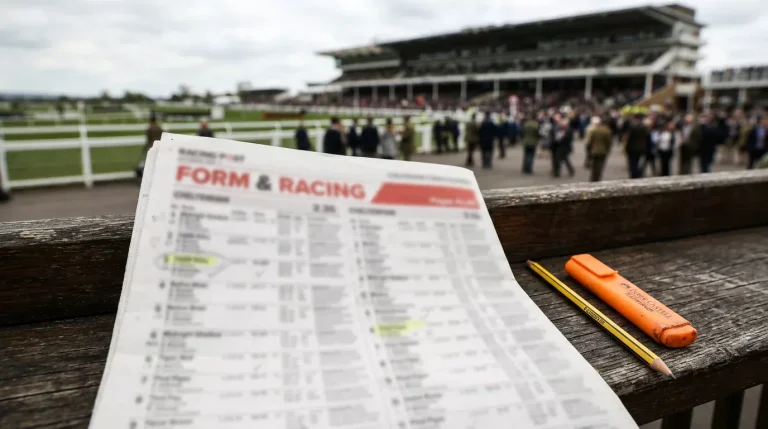 Racing form book open beside a laptop showing speed figures and past results for UK horse racing