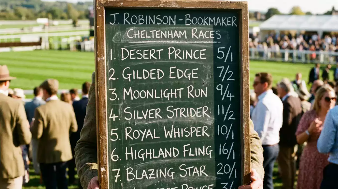 Fractional odds board at a British racecourse with a punter studying prices