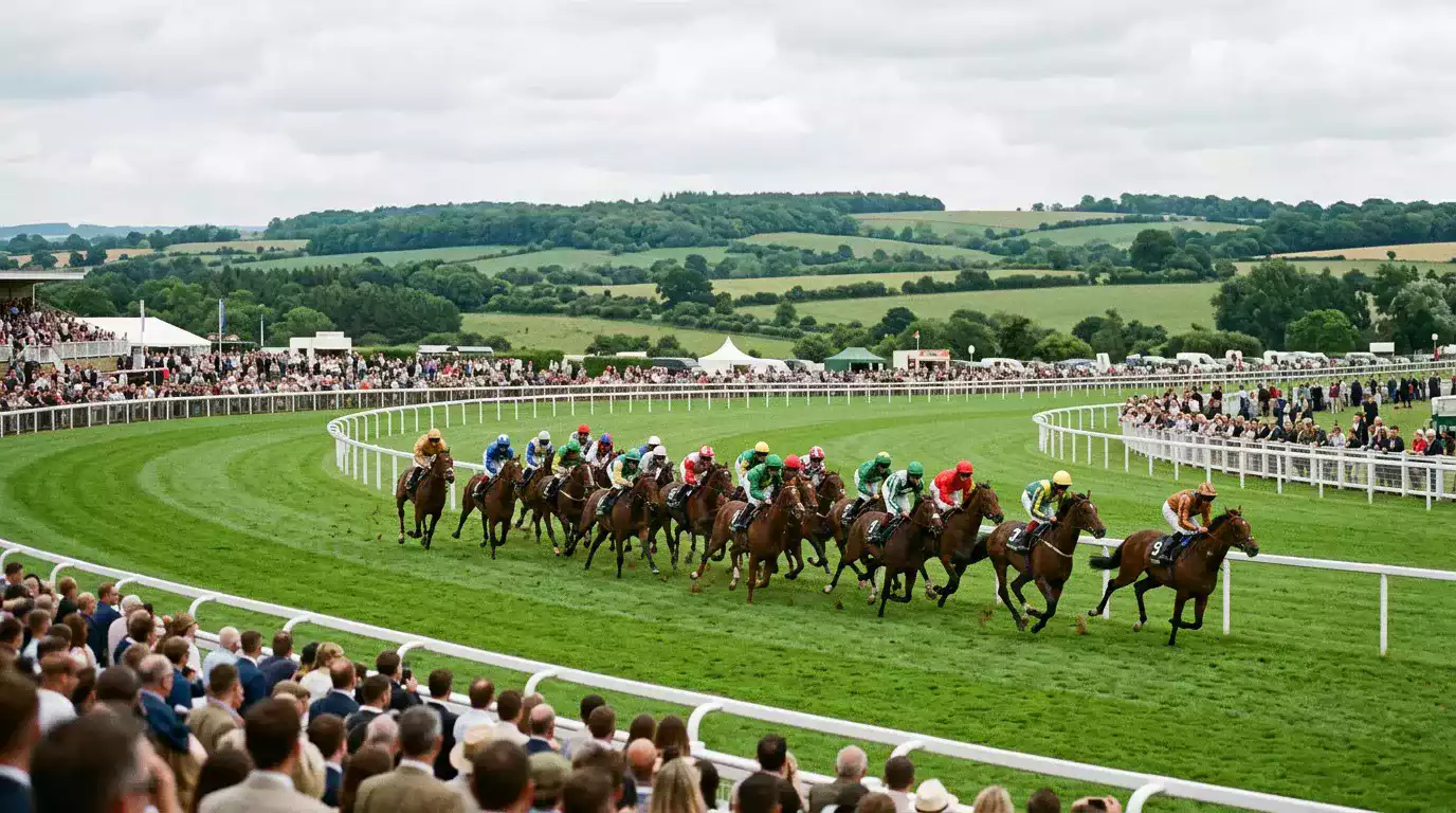 Large field of horses racing in a handicap event with jockeys in colourful silks