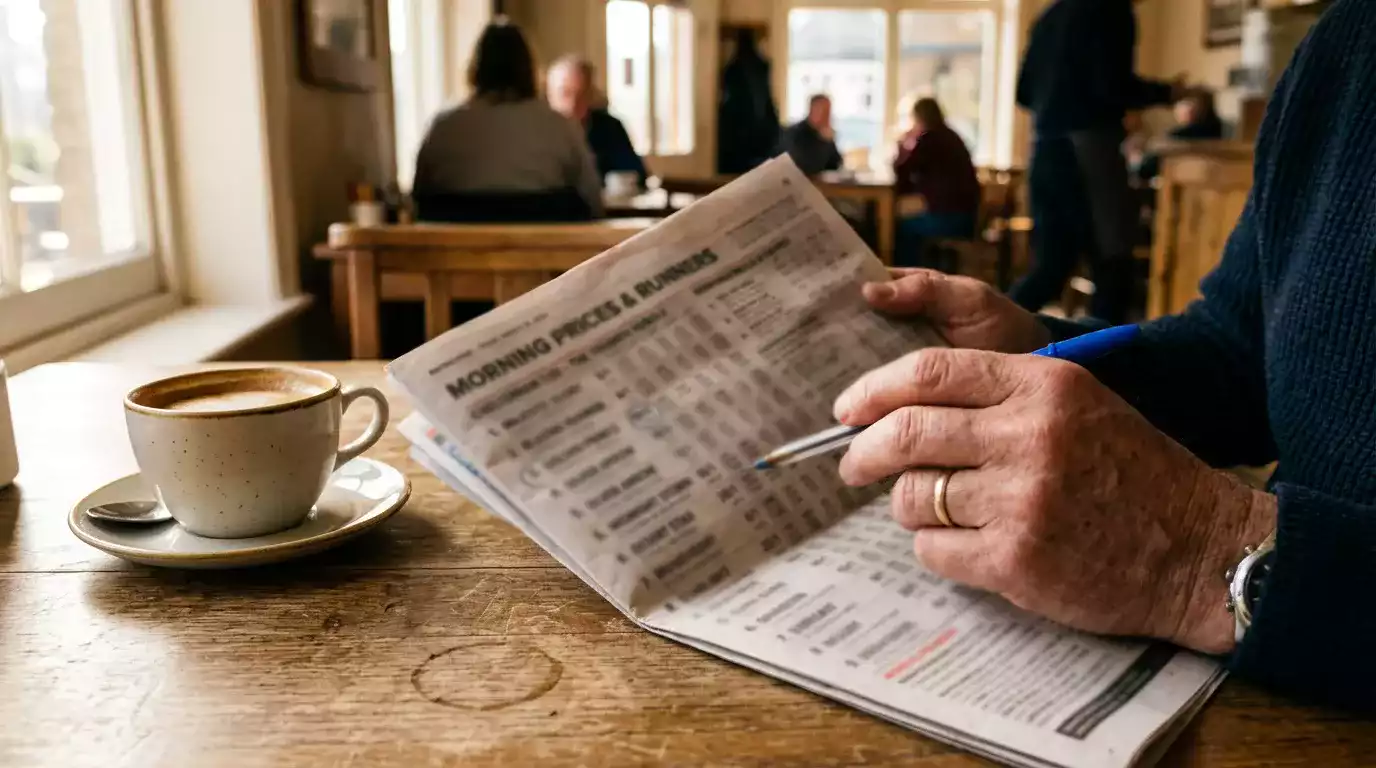 Morning horse racing prices marked in a newspaper with early odds highlighted
