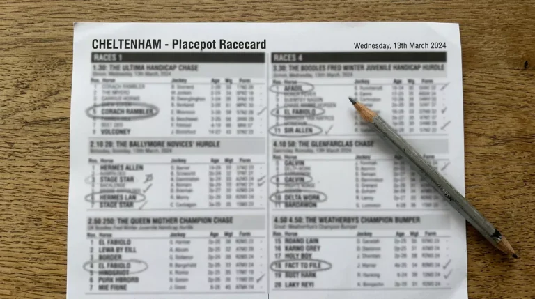 Placepot ticket layout showing six races with perm selections at a UK racecourse