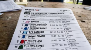 Detailed UK racecard showing form figures, weights, draw, headgear and jockey-trainer information