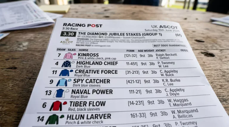 Detailed UK racecard showing form figures, weights, draw, headgear and jockey-trainer information