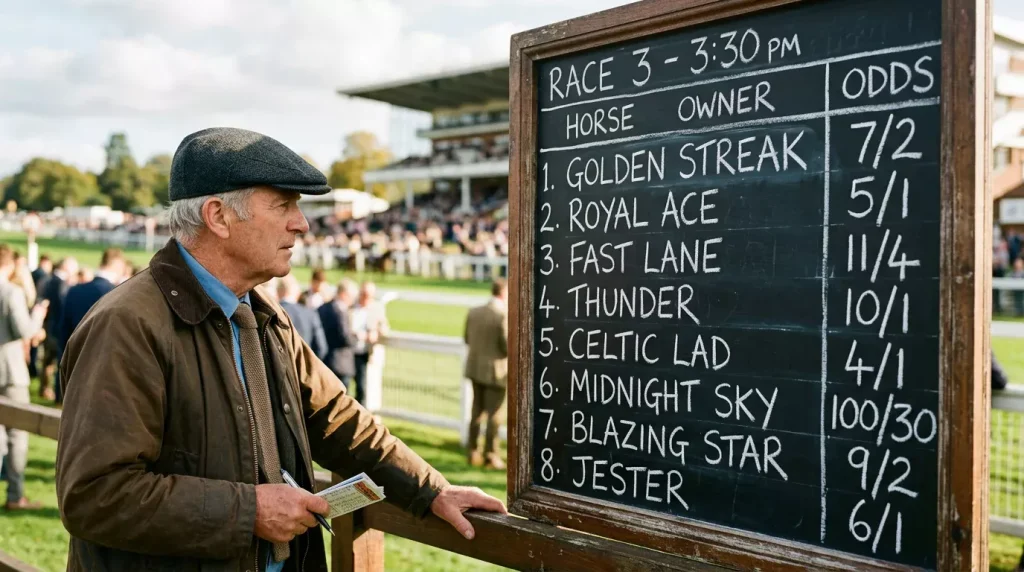 A punter studying fractional horse racing odds on a UK racecourse betting board