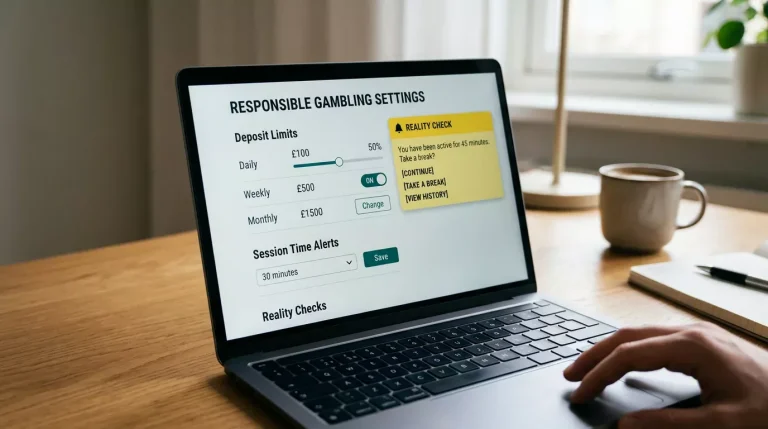 Responsible gambling settings panel showing deposit limits, time-out options and self-exclusion on a UK betting platform