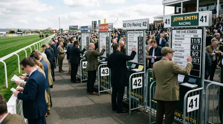 On-course bookmaker boards displaying fractional odds moments before a UK horse race