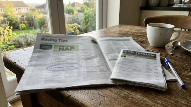 Newspaper racing tips and a tipping table showing NAP selections for UK horse racing
