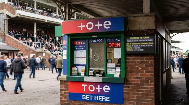 Tote pool betting terminal at a UK racecourse showing win and place dividends