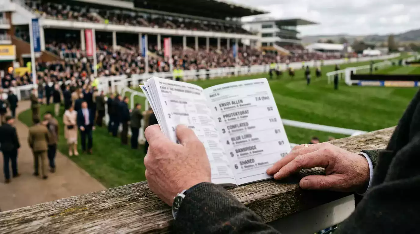 Racecard showing fractional odds next to horse names at a UK racecourse