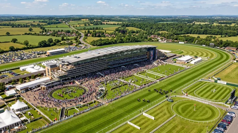 On-course bookmakers at a UK racecourse with betting boards and punters studying the odds